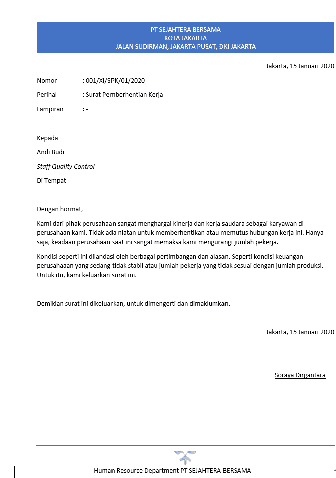 Contoh Surat Pemberhentian Pekerja Oleh Majikan
