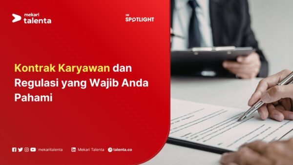 Dokumen kontrak karyawan diletakkan di atas meja. Tangan seseorang sedang menulis di atasnya, sementara orang lain terlihat memegang clipboard, dalam suasana pertemuan formal.