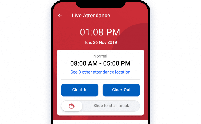 Tampilan fitur live attendance untuk pegawai perusahaan di dalam sistem & aplikasi absensi kehadiran karyawan online berbasis web dan mobile, baik di device berbasis Android ataupun iOS