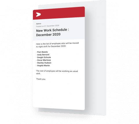Tampilan announcement di dalam aplikasi & software untuk membuat jadwal kerja dan shift karyawan