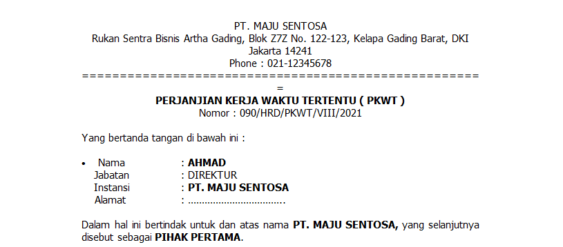 contoh kontrak kerja karyawan pkwt