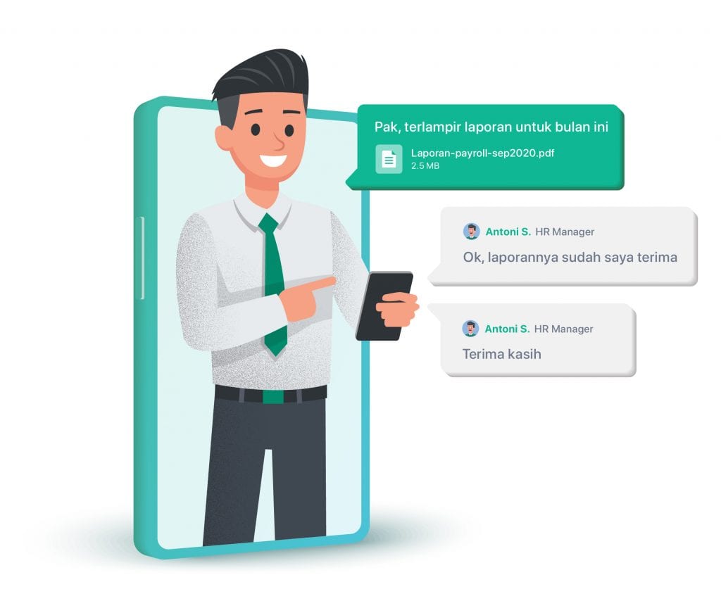 Ilustrasi seorang karyawan perusahaan yang menggunakan aplikasi Mekari Chat untuk komunikasi terbaik di kantor