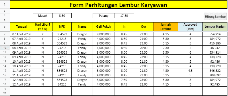 Berikut merupakan contoh form lembur pada format Excel yang bisa Anda gunakan di perusahaan Anda.