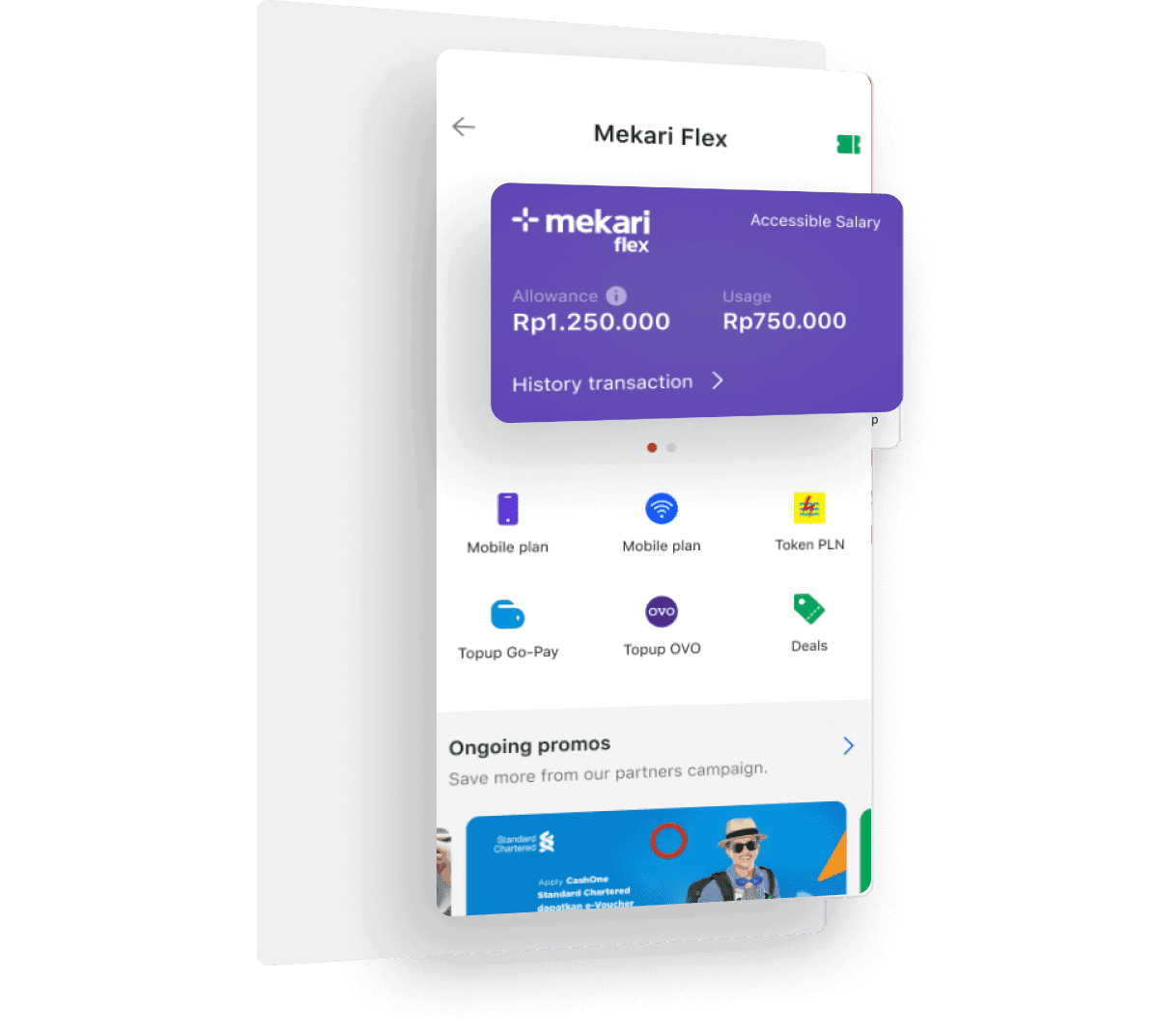 Fitur untuk mengakses gaji lebih awal di dalam aplikasi Mekari Flex; aplikasi untuk mengelola benefit karyawan dengan fleksibel