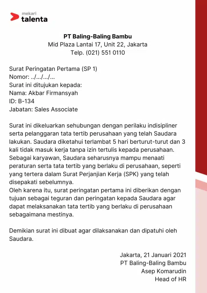 Contoh surat peringatan pertama SP 1