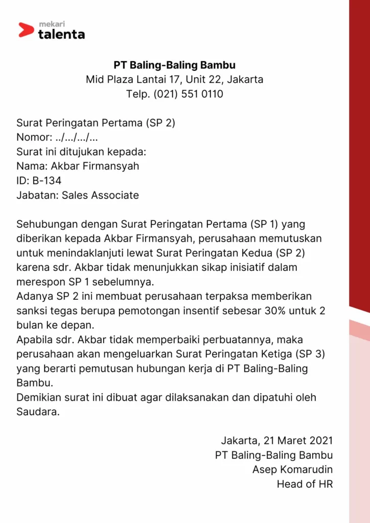 Contoh Surat Peringatan Karyawan SP 2