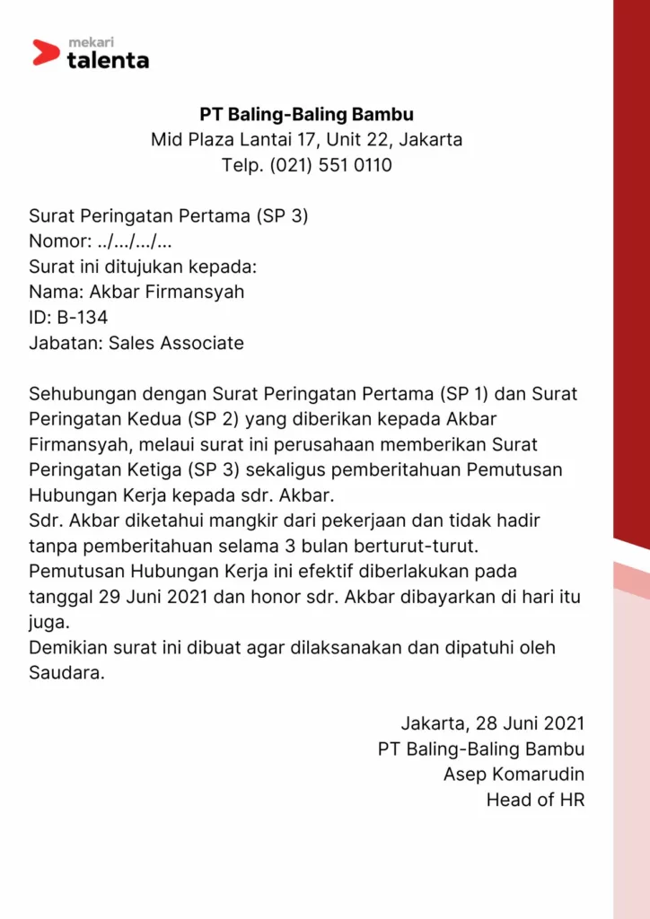 Contoh Surat Peringatan Karyawan SP 3