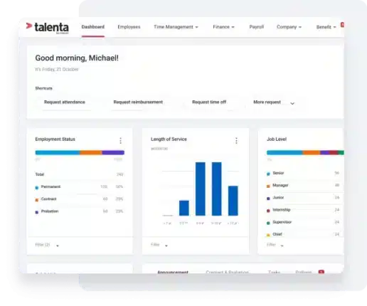 Dashboard aplikasi dan software SDM Mekari Talenta untuk mengelola sumber daya manusia