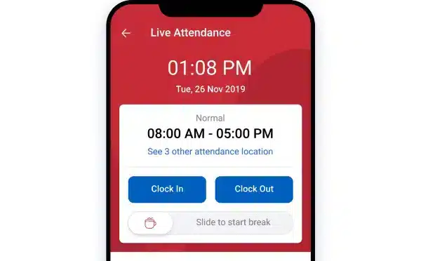 Tampilan fitur live attendance untuk pegawai perusahaan di dalam aplikasi & software absen online untuk karyawan dan perusahaan, baik di device berbasis Android ataupun iOS