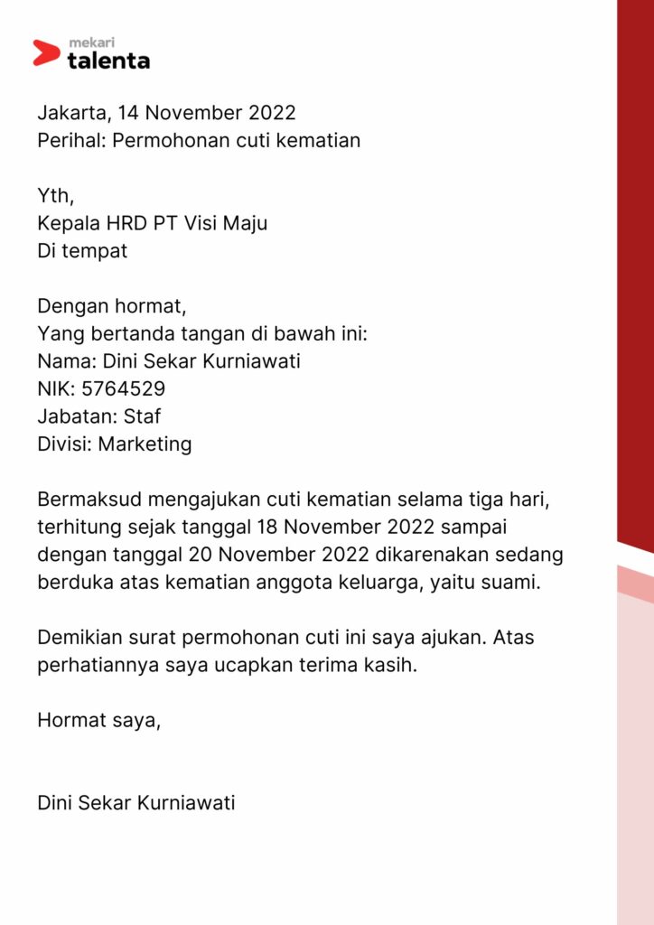 contoh surat cuti kerja karena ada keluarga yang meninggal