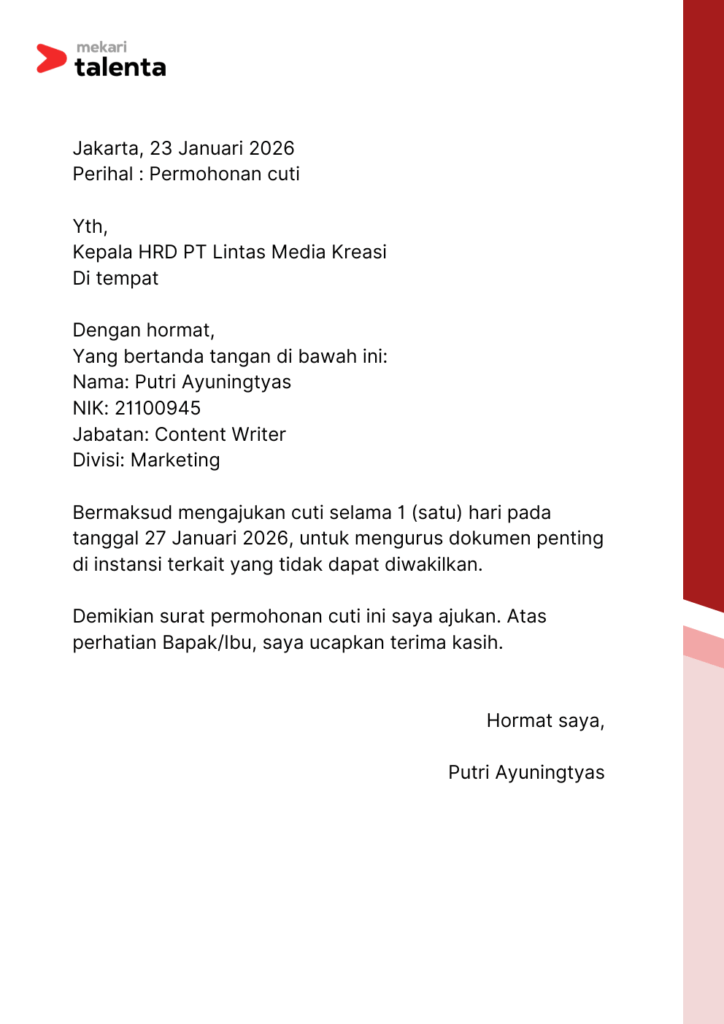 contoh surat cuti kerja