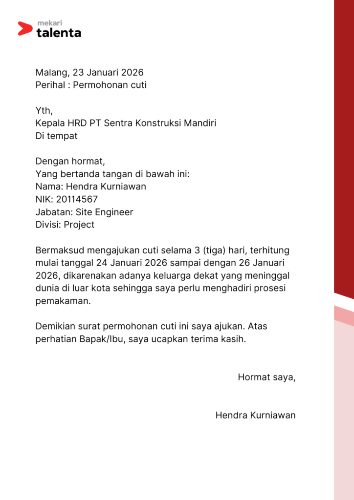 contoh surat cuti kerja