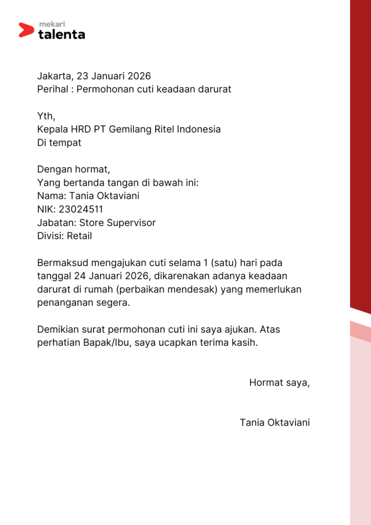 contoh surat cuti kerja