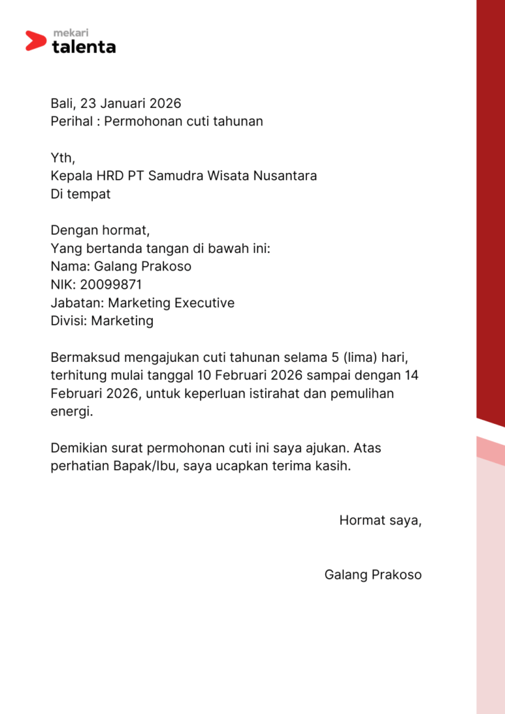 contoh surat cuti kerja