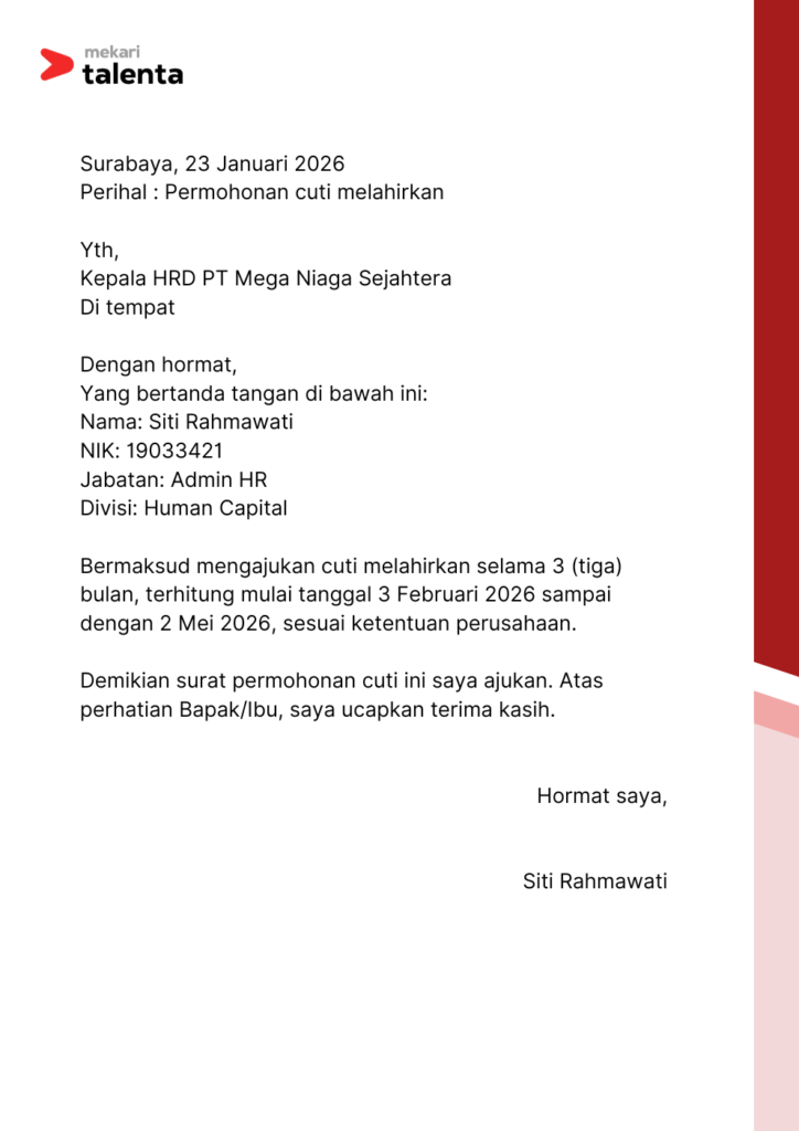 contoh surat cuti kerja