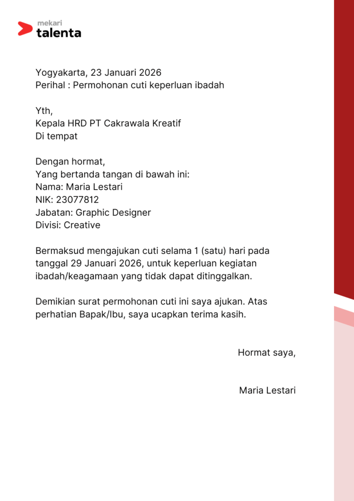 contoh surat cuti kerja