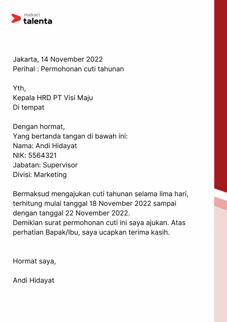 contoh surat cuti kerja tahunan talenta