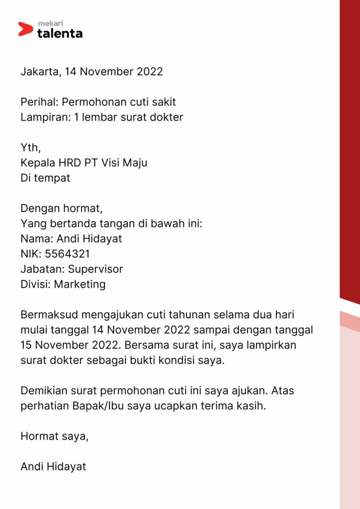 contoh surat cuti dengan alasan sakit talenta