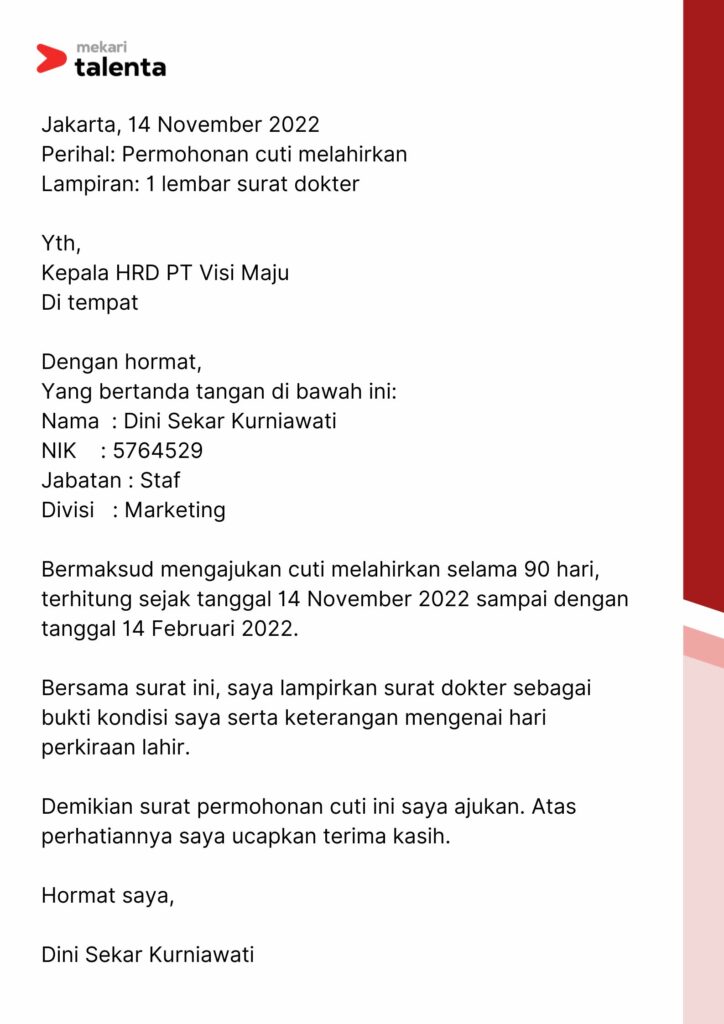 contoh surat cuti dengan alasan melahirkan