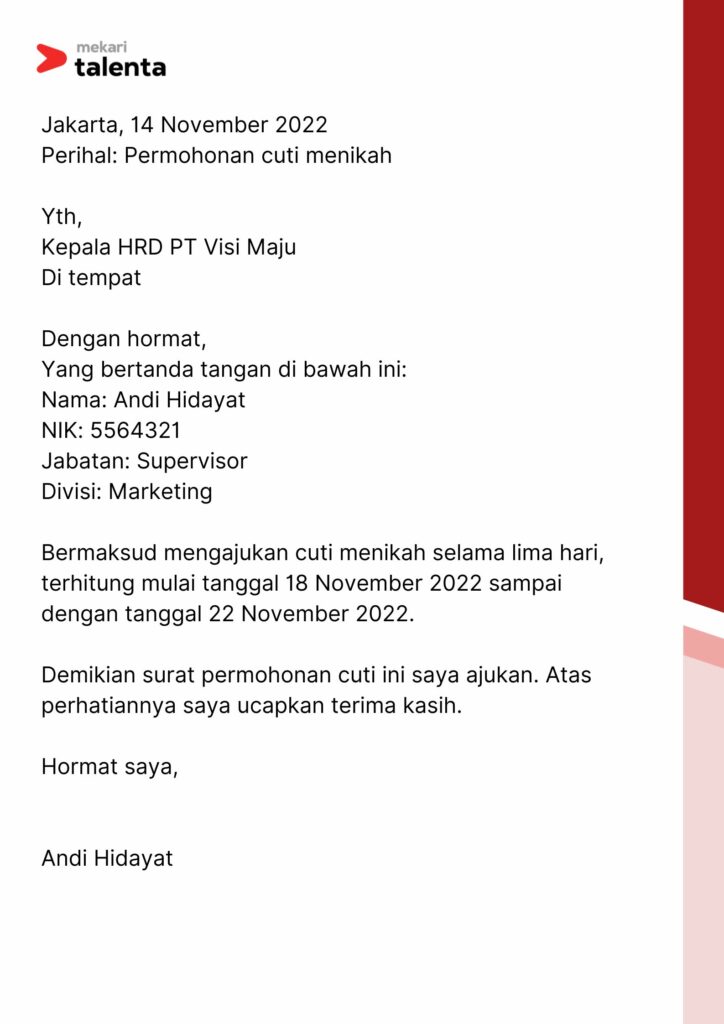 contoh surat cuti kerja karena alasan menikah