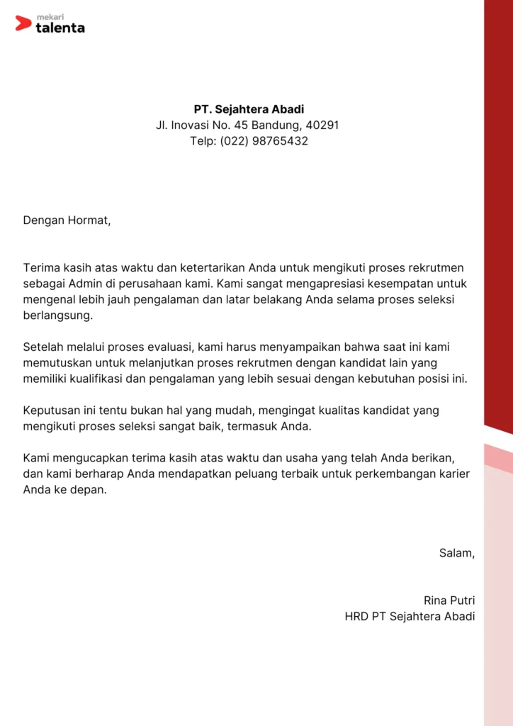 surat penolakan lamaran kerja admin