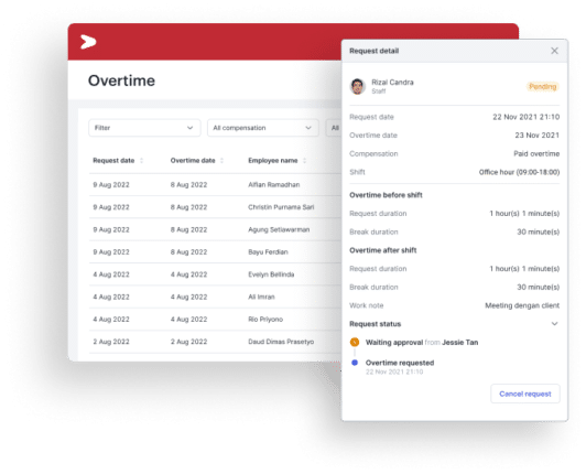 Tampilan fitur pengelola data lembur karyawan di dashboard aplikasi attendance management Mekari Talenta