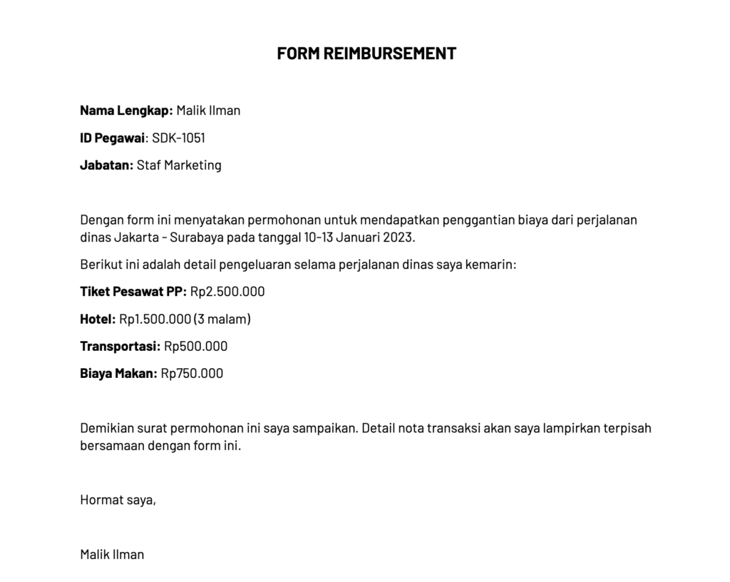 contoh form reimbursement perusahaan format Word