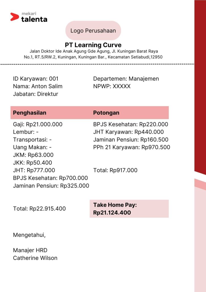 Contoh slip gaji karyawan untuk direktur