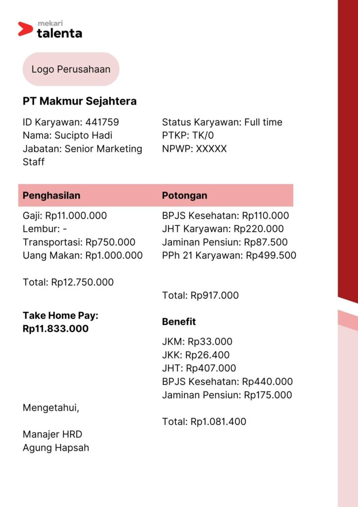 Contoh slip gaji karyawan sederhana