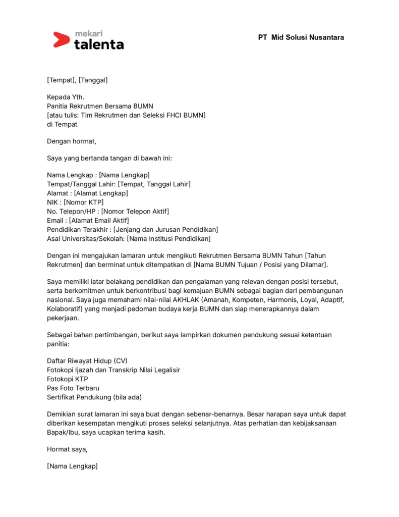 contoh surat lamaran kerja Rekrutmen Bersama BUMN