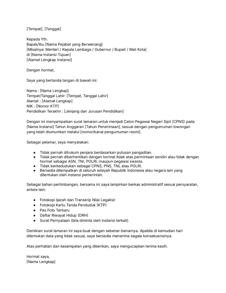 contoh surat lamaran kerja CPNS calon pegawai negeri sipil