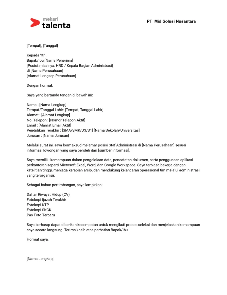 contoh surat lamaran kerja admin
