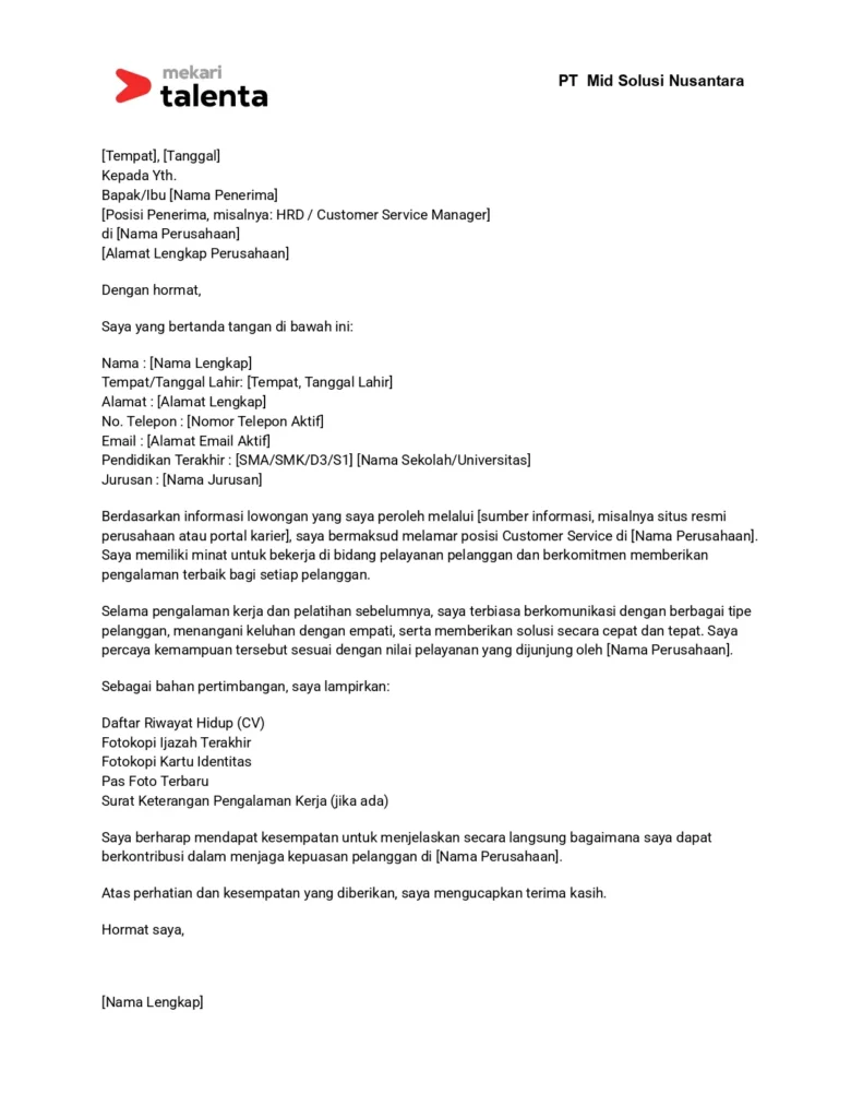 contoh surat lamaran kerja customer service