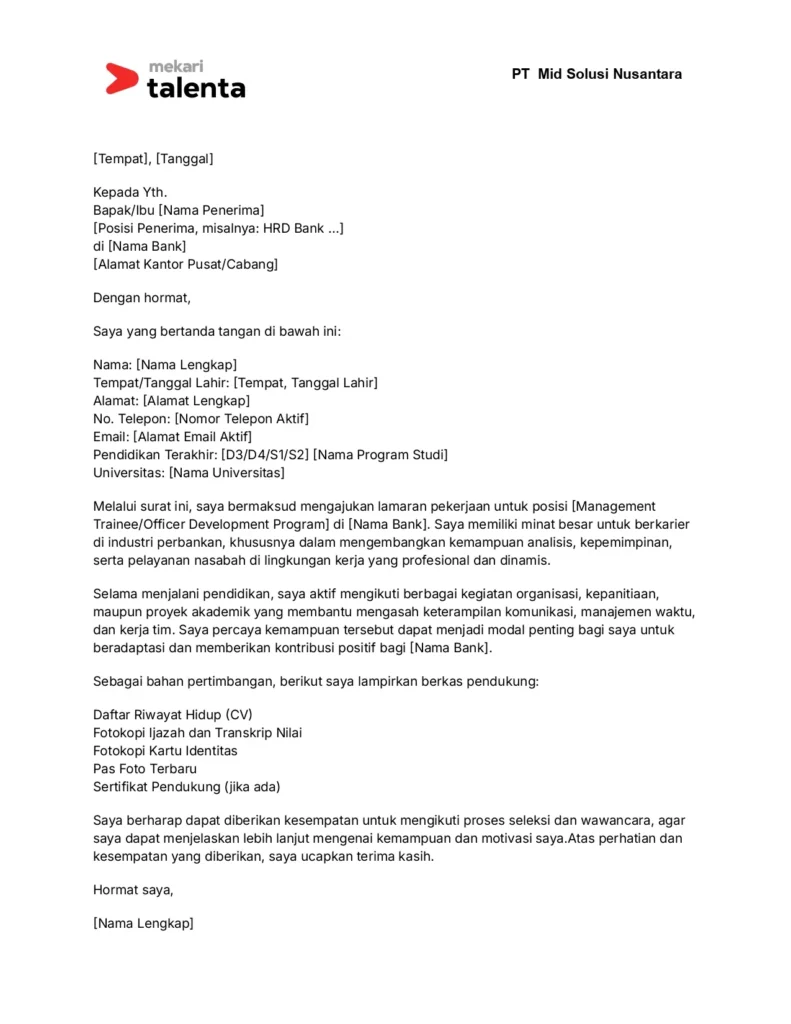 contoh surat lamaran kerja di Bank sebagai MT atau ODP program