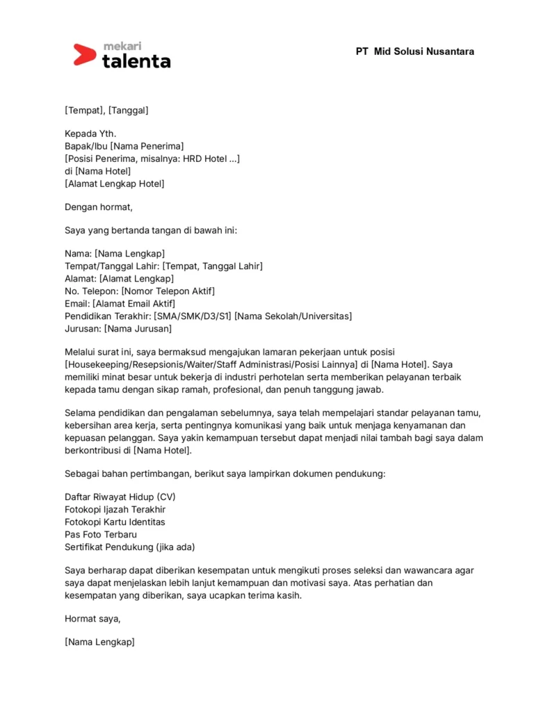 contoh surat lamaran kerja di hotel 