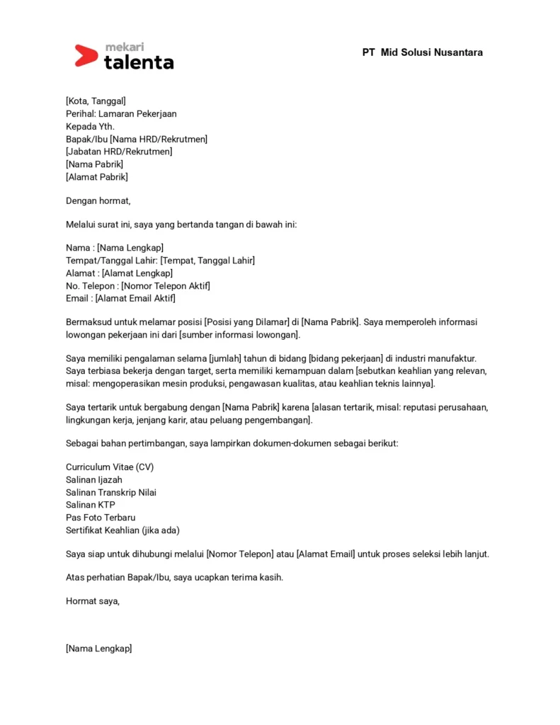 contoh surat lamaran kerja di pabrik