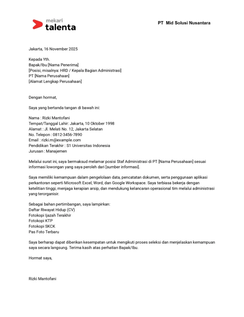 contoh surat lamaran kerja di pt
