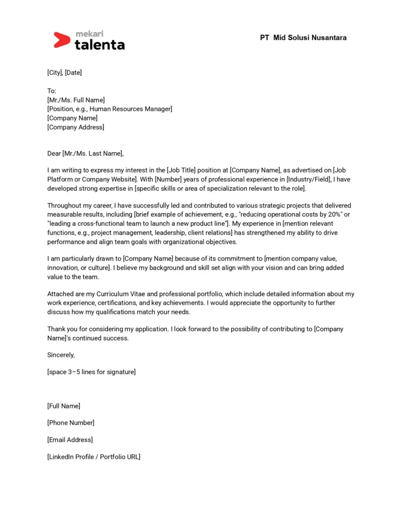 contoh surat lamaran kerja di senior level