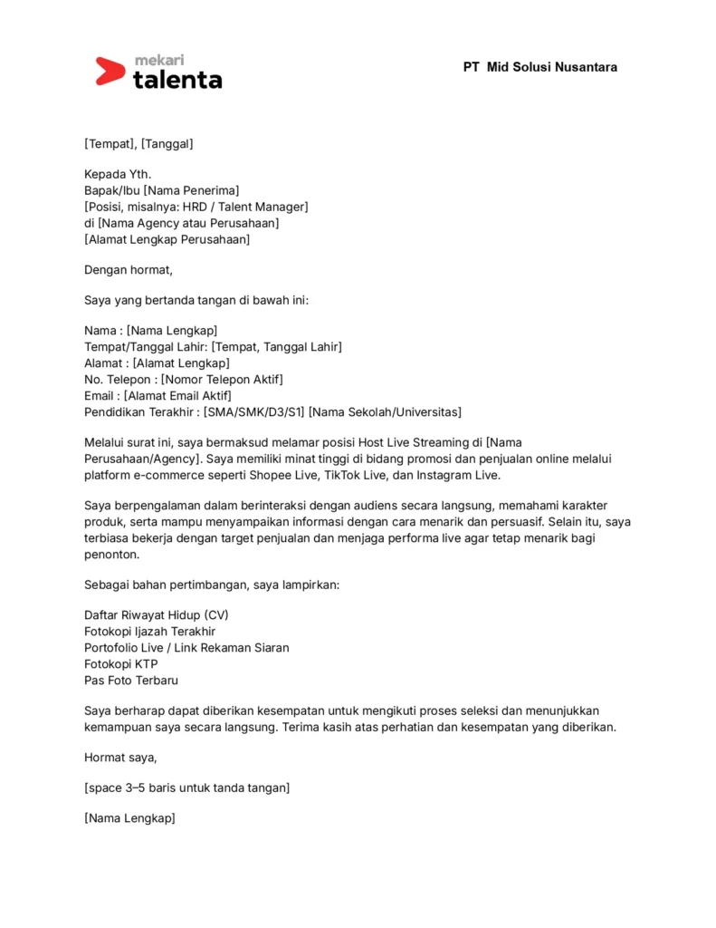 contoh surat lamaran kerja host live