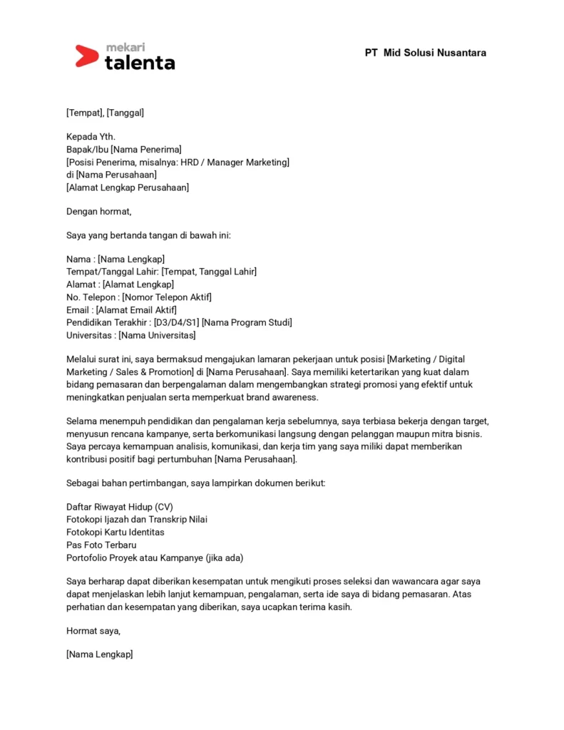 contoh surat lamaran kerja marketing