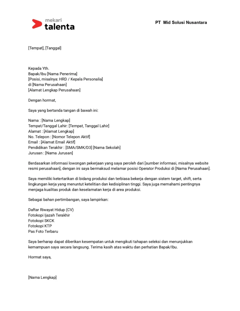 contoh surat lamaran kerja operator produksi