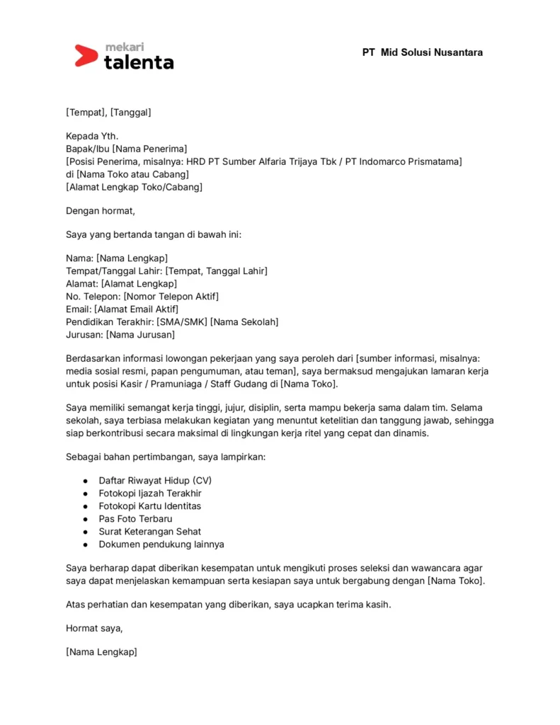 contoh surat lamaran kerja pegawai toko