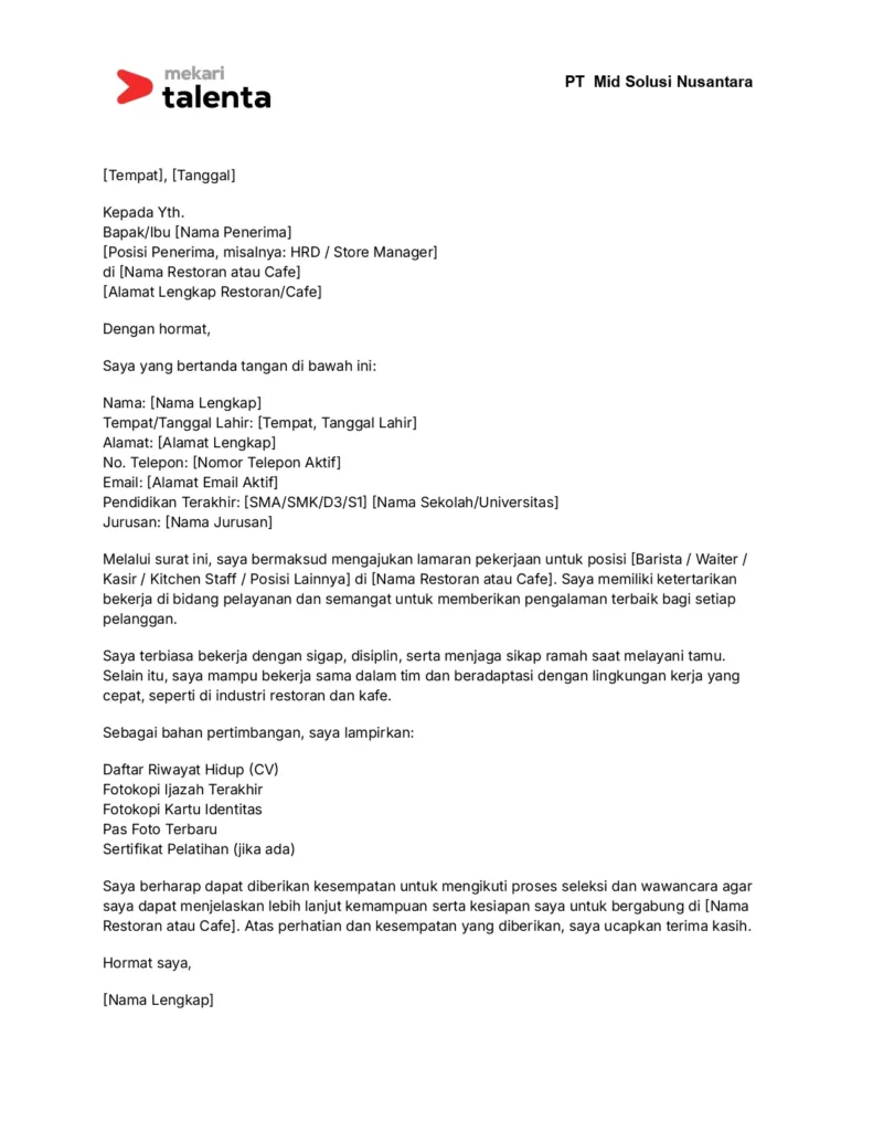 contoh surat lamaran kerja restoran cafe