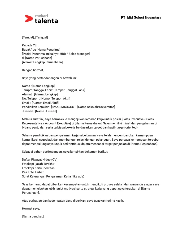 contoh surat lamaran kerja sales