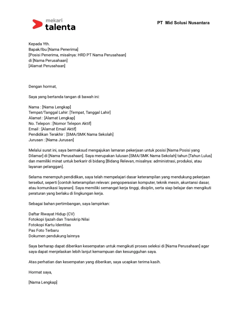 contoh surat lamaran kerja smk/sma