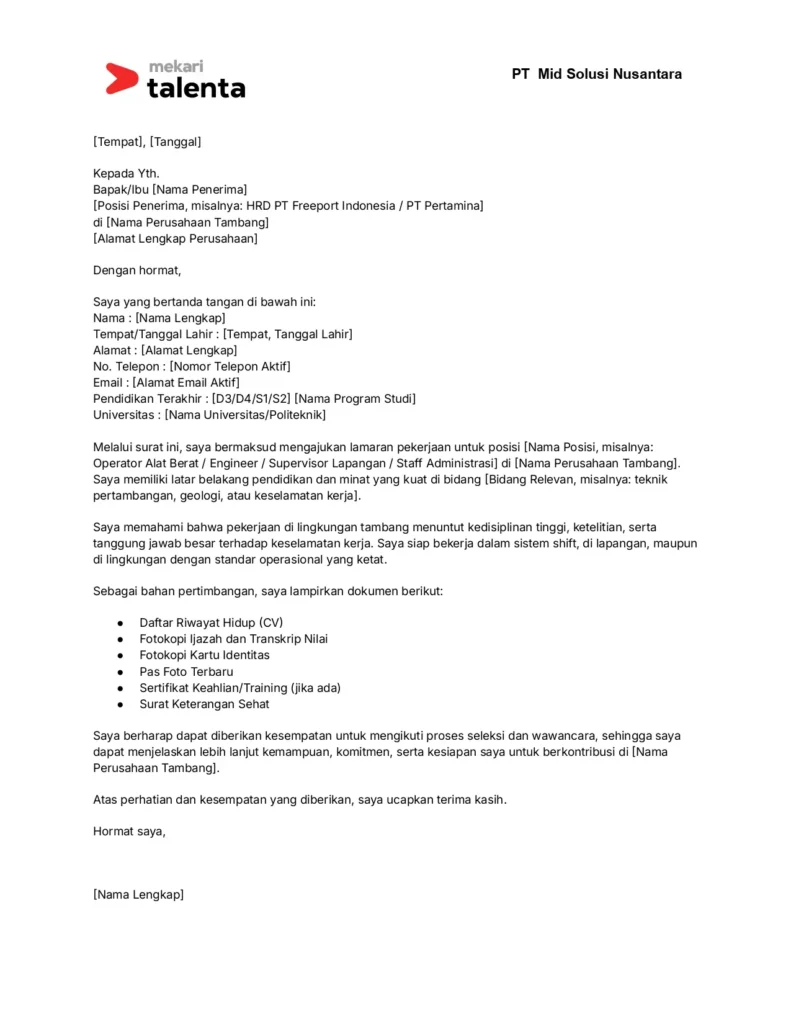 contoh surat lamaran kerja tambang