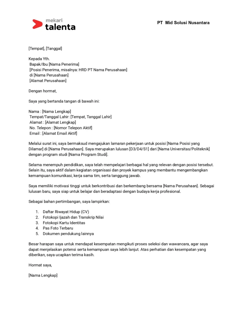 surat lamaran kerja Freshgraduate