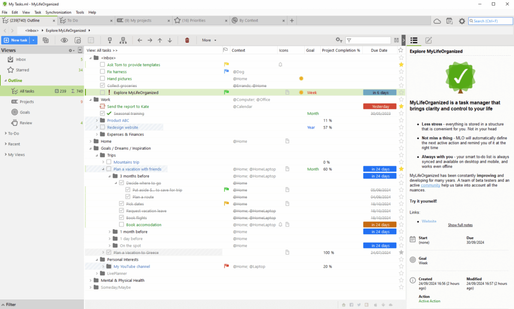 mylifeorganized dahsboard