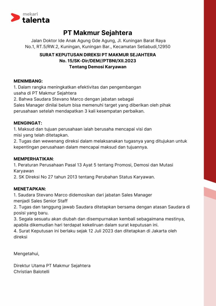 template contoh surat demosi karyawan talenta