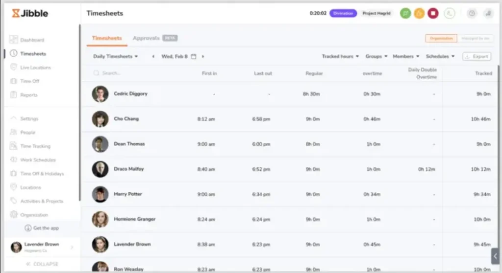 dashboard timesheet Jible